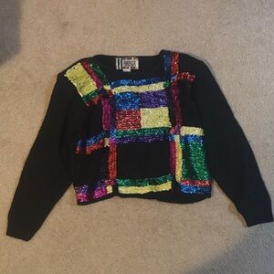 Vintage 1980’s Forenza Black Sweater with Colorful Sequin Blocks
